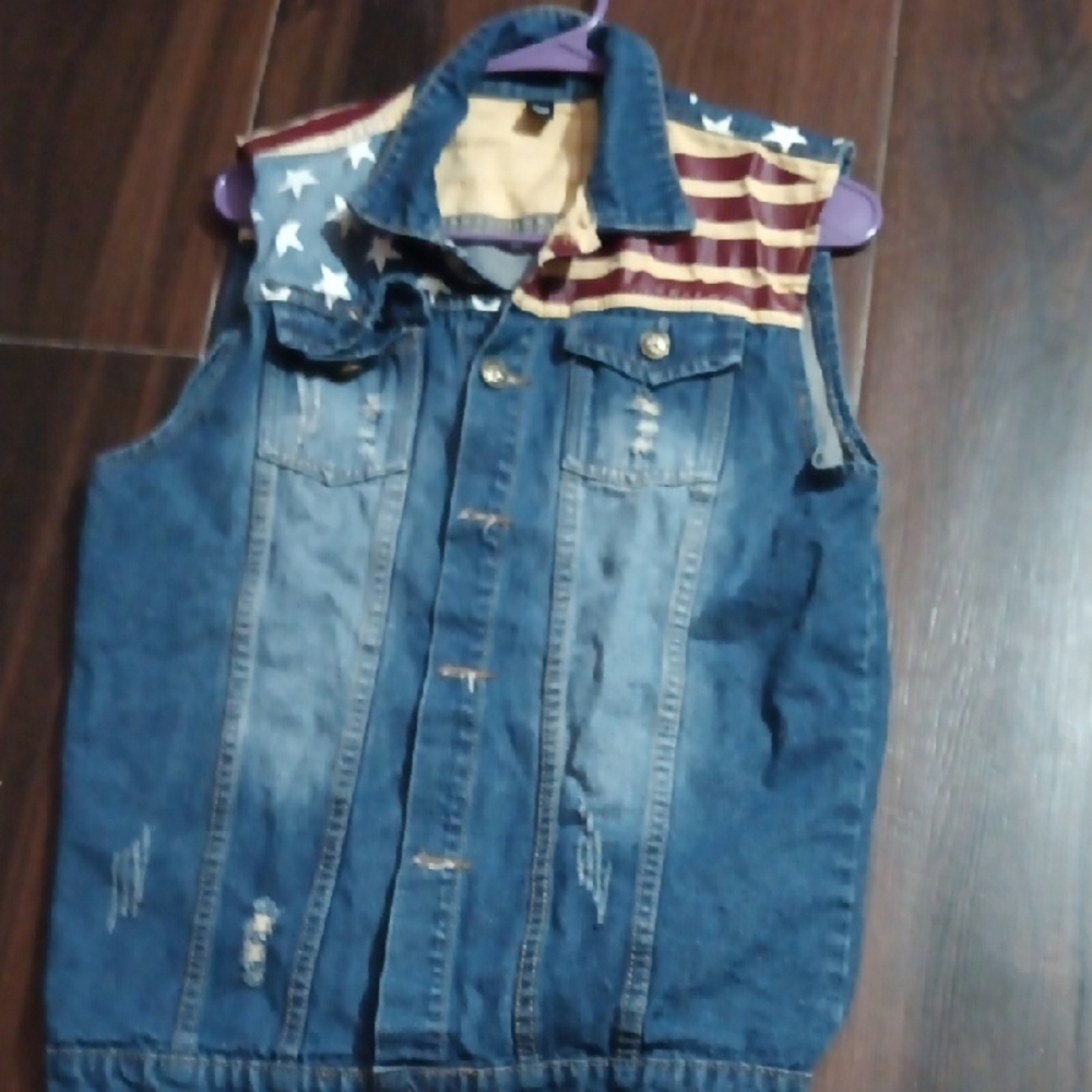 Denim Sleeveless Jacket with American Flag Design